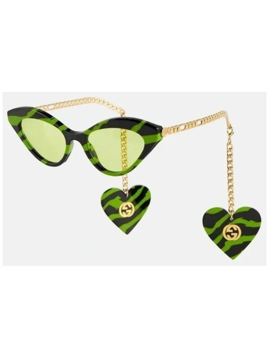 New Authentic Gucci GG0978S 006 Zebra Cat-Eye Sunglasses w/ GG Charms Green/Gold main image 11